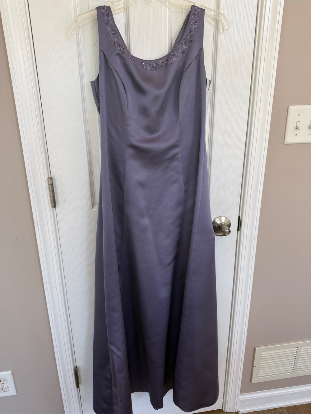 David's Bridal Satin Scoop-Neck Maxi Dress in Lavender